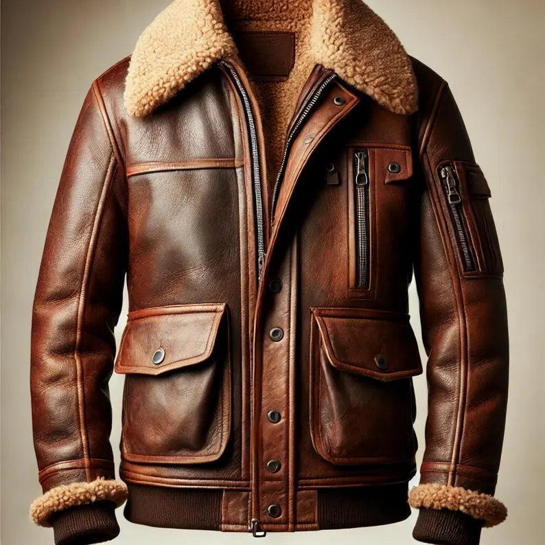 Men’s Vintage Brown Leather Aviator Jacket – Shearling Fur Collar Winter Jacket