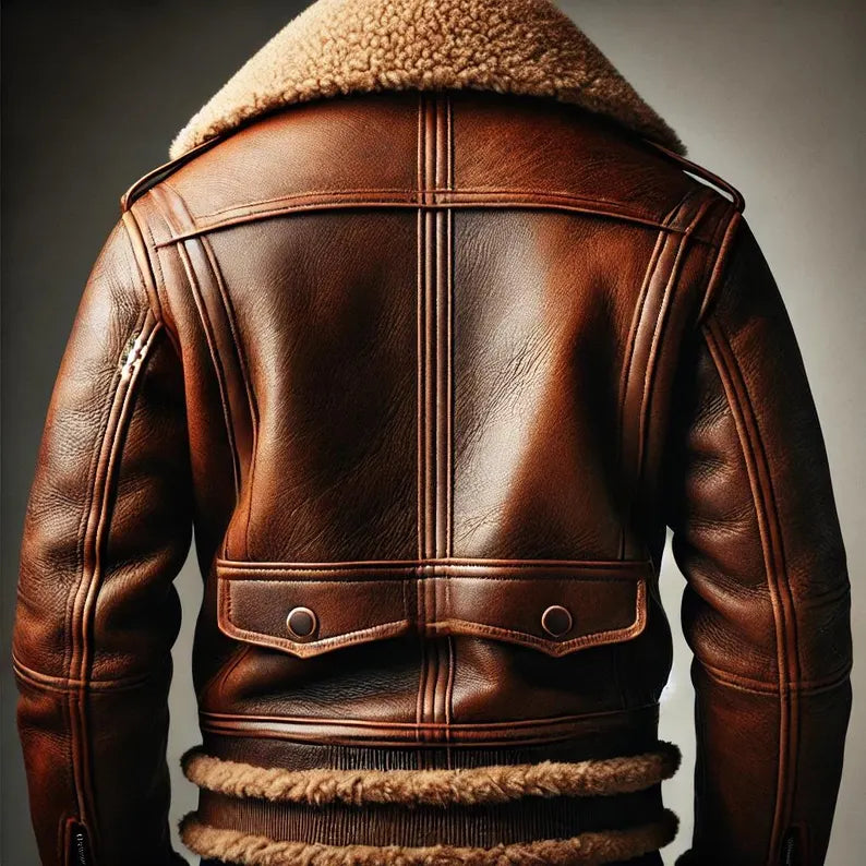 Men’s Vintage Brown Leather Aviator Jacket – Shearling Fur Collar Winter Jacket