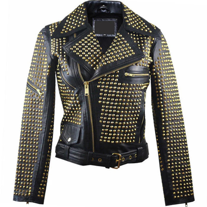 Men’s Vintage Black & Gold Brando Biker Leather Jacket – Studded & Belted