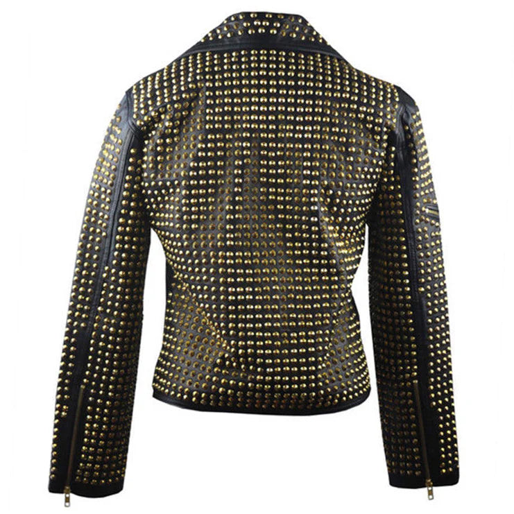 Men’s Vintage Black & Gold Brando Biker Leather Jacket – Studded & Belted