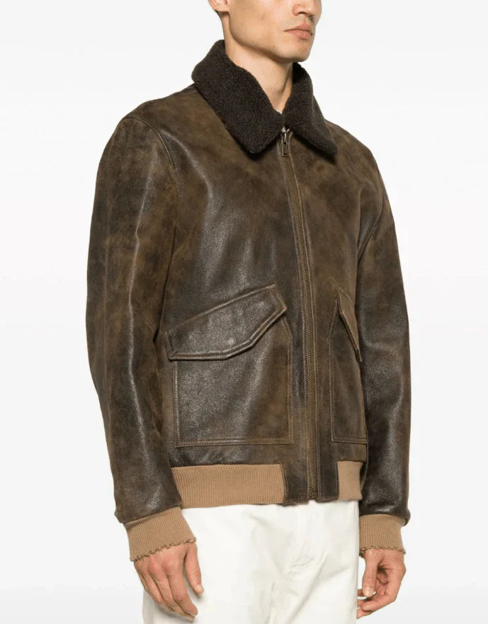 Men’s Vintage Shearling Bomber Leather Jacket in Dark Brown