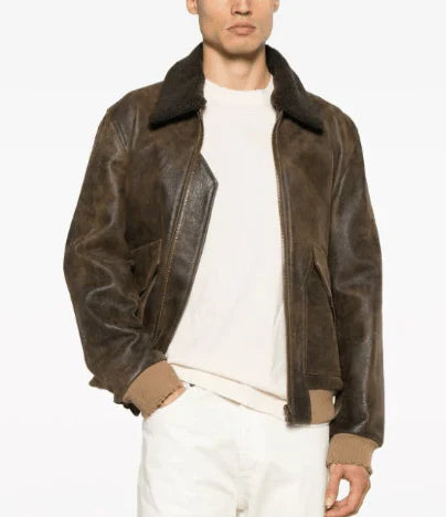 Men’s Vintage Shearling Bomber Leather Jacket in Dark Brown
