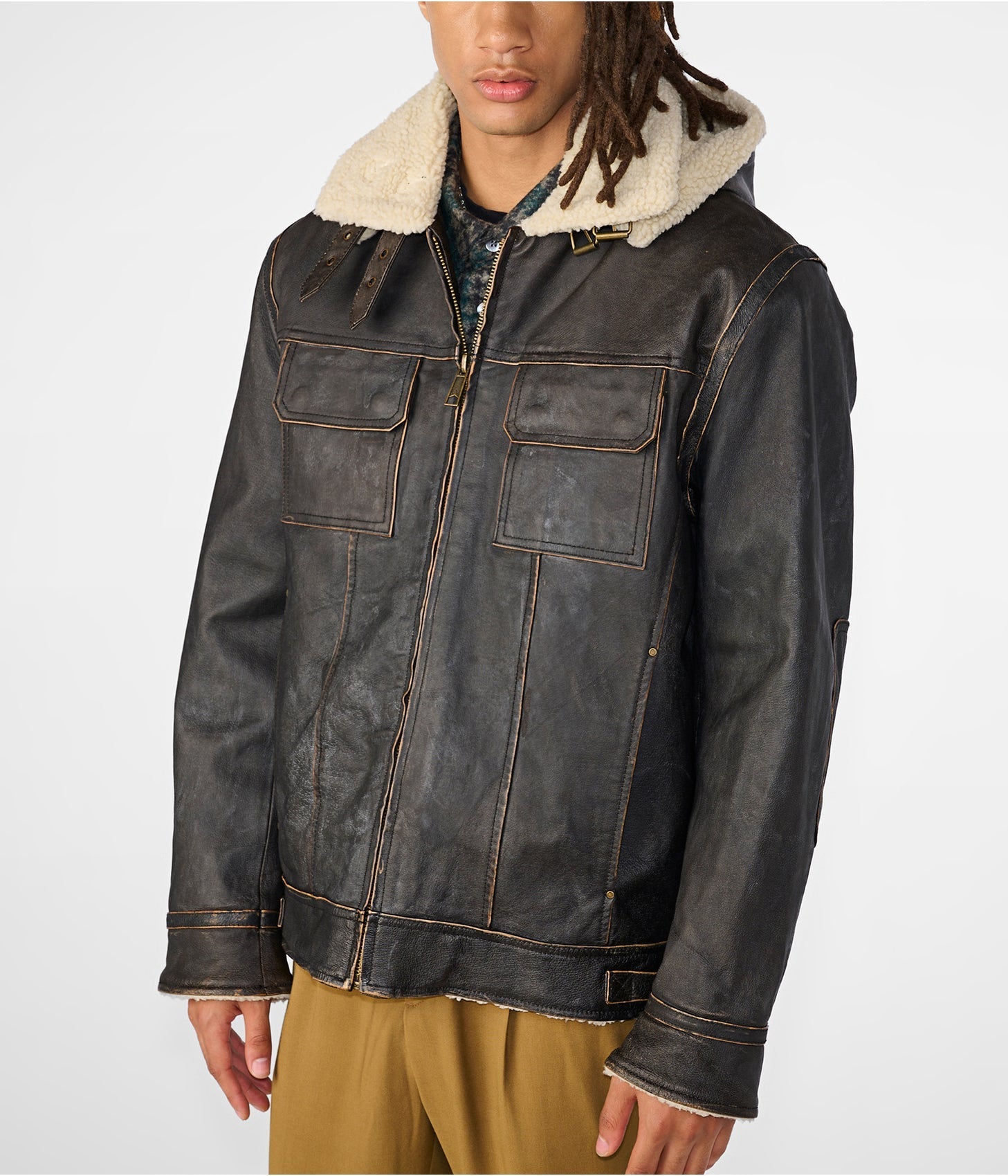Men’s Black Vintage Shearling Leather Jacket with Removable Hood