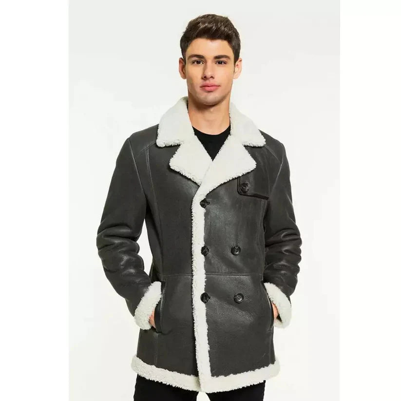 Men’s White Fur Sheepskin Leather Coat in Black