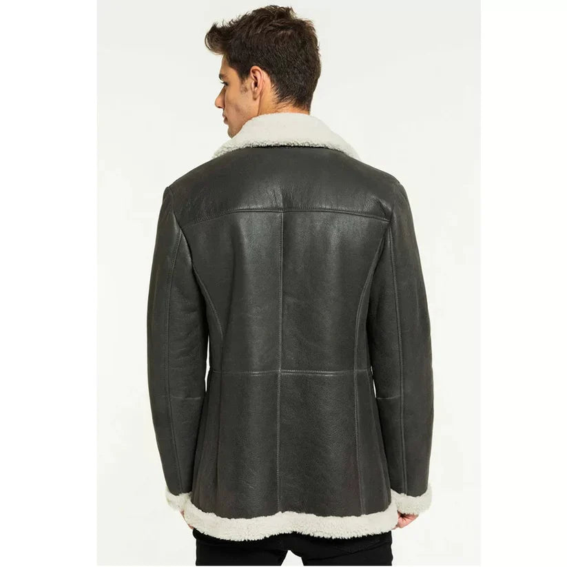 Men’s White Fur Sheepskin Leather Coat in Black