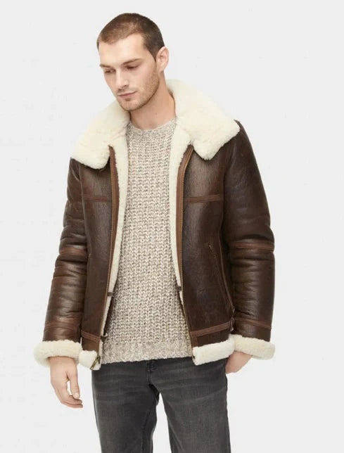 Men's White Fur Sheepskin Leather Jacket in Dark Brown