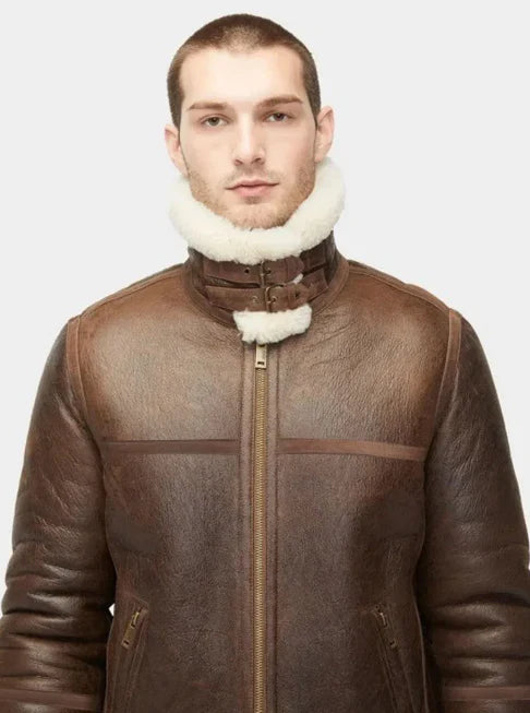 Men's White Fur Sheepskin Leather Jacket in Dark Brown