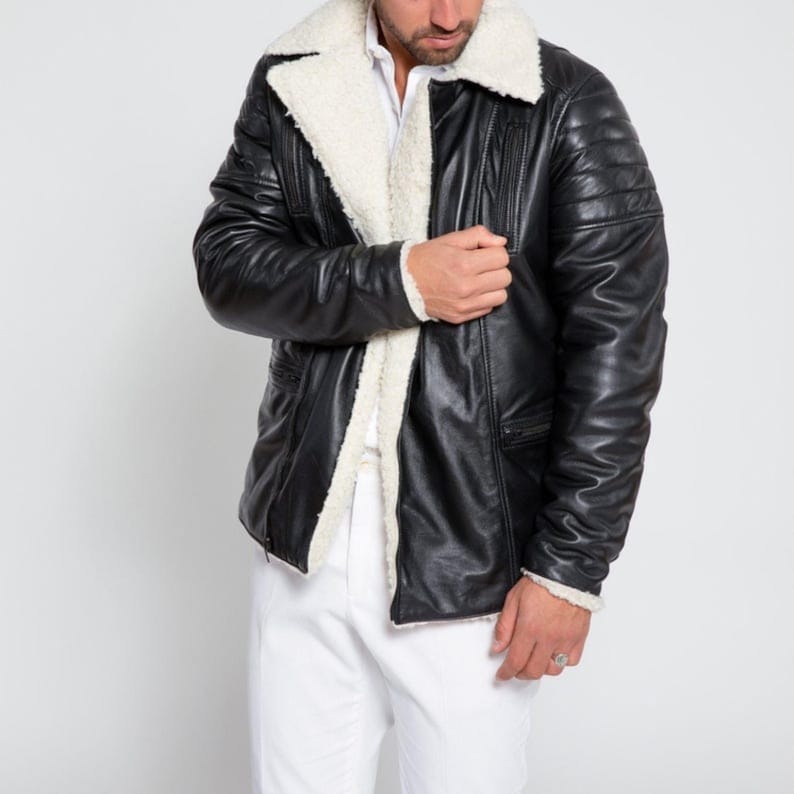 Men’s Black Shearling Leather Aviator Jacket – Quilted Sleeves & Warm Fur Lining Winter Coat