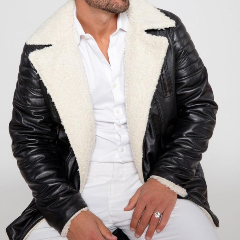 Men’s Black Shearling Leather Aviator Jacket – Quilted Sleeves & Warm Fur Lining Winter Coat
