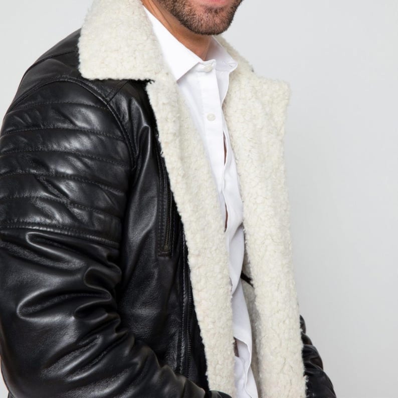 Men’s Black Shearling Leather Aviator Jacket – Quilted Sleeves & Warm Fur Lining Winter Coat