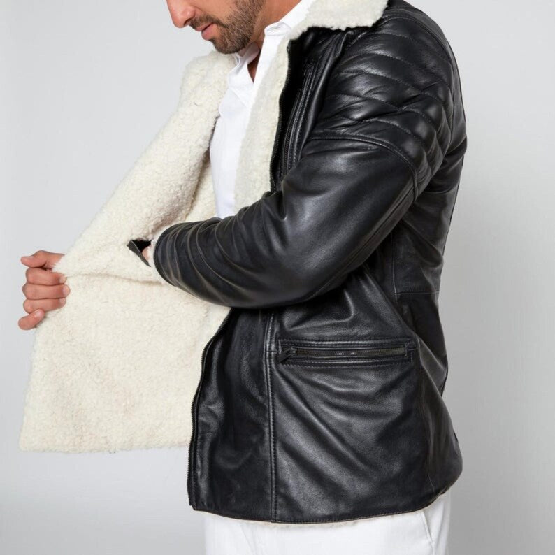 Men’s Black Shearling Leather Aviator Jacket – Quilted Sleeves & Warm Fur Lining Winter Coat