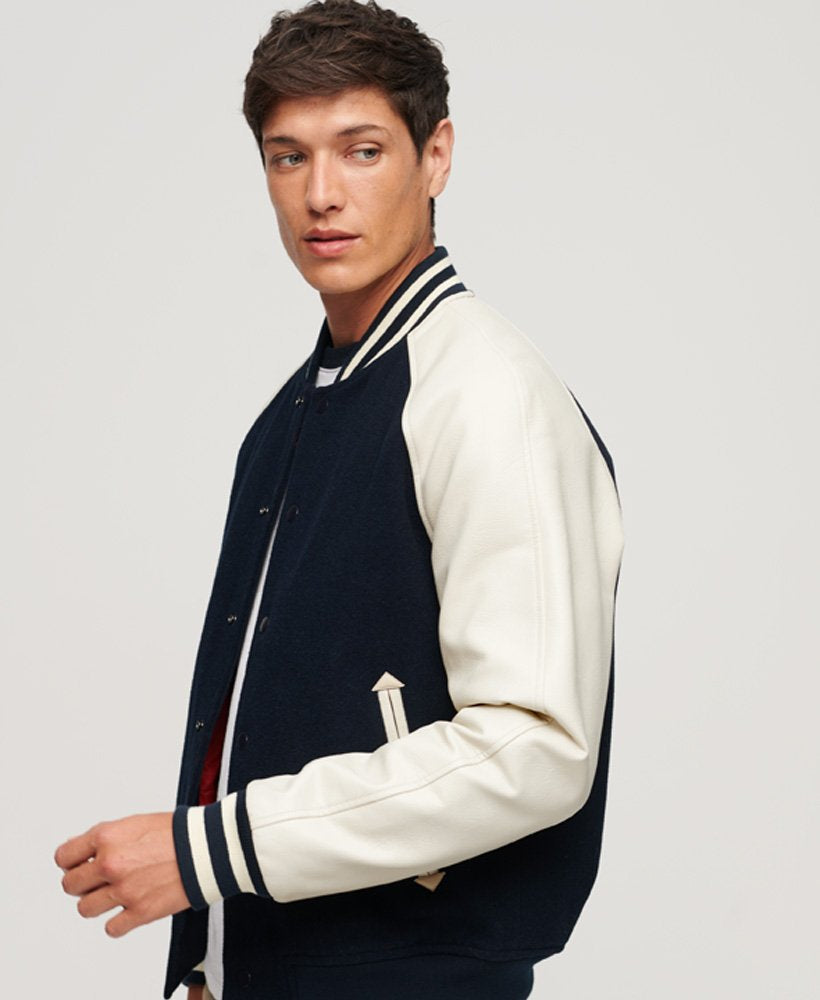 Men’s Black & White Varsity Leather Bomber Jacket – Classic Letterman Style