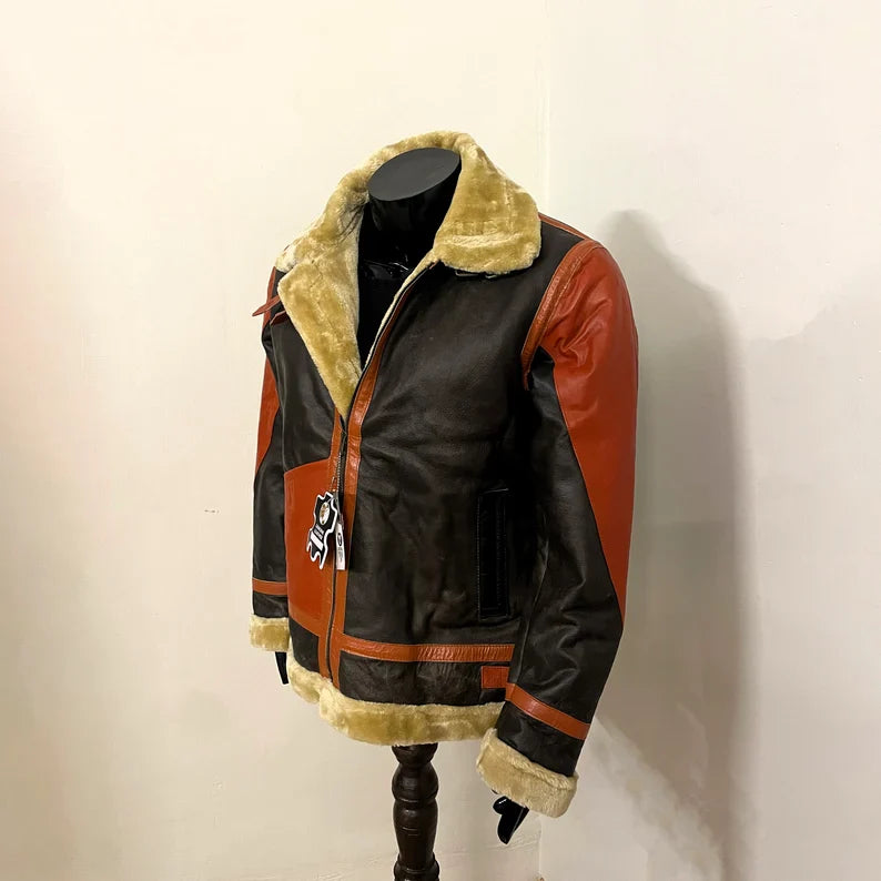 Men’s RAF B3 Shearling Bomber Jacket – Brown WWII Aviator Flying Leather Jacket, Handmade Sheepskin Outerwear