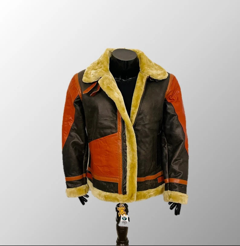 Men’s RAF B3 Shearling Bomber Jacket – Brown WWII Aviator Flying Leather Jacket, Handmade Sheepskin Outerwear