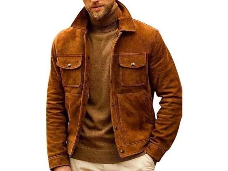 Men’s Handmade Brown Suede Leather Jacket – Goatskin Button-Down Biker Style