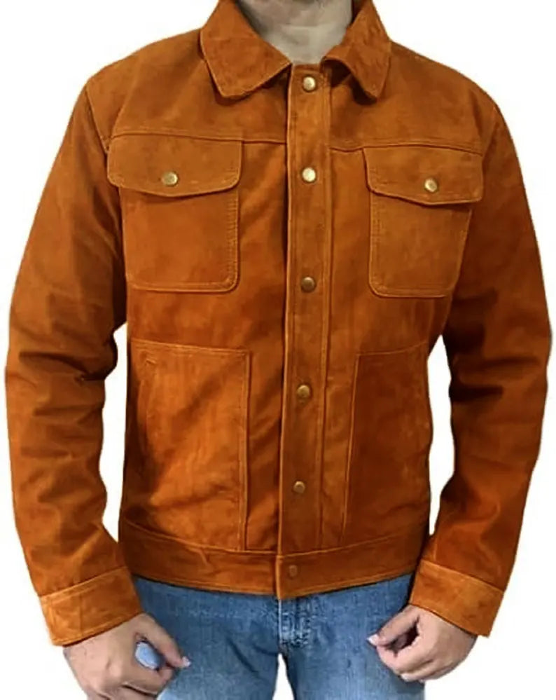 Men’s Handmade Brown Suede Leather Jacket – Goatskin Button-Down Biker Style