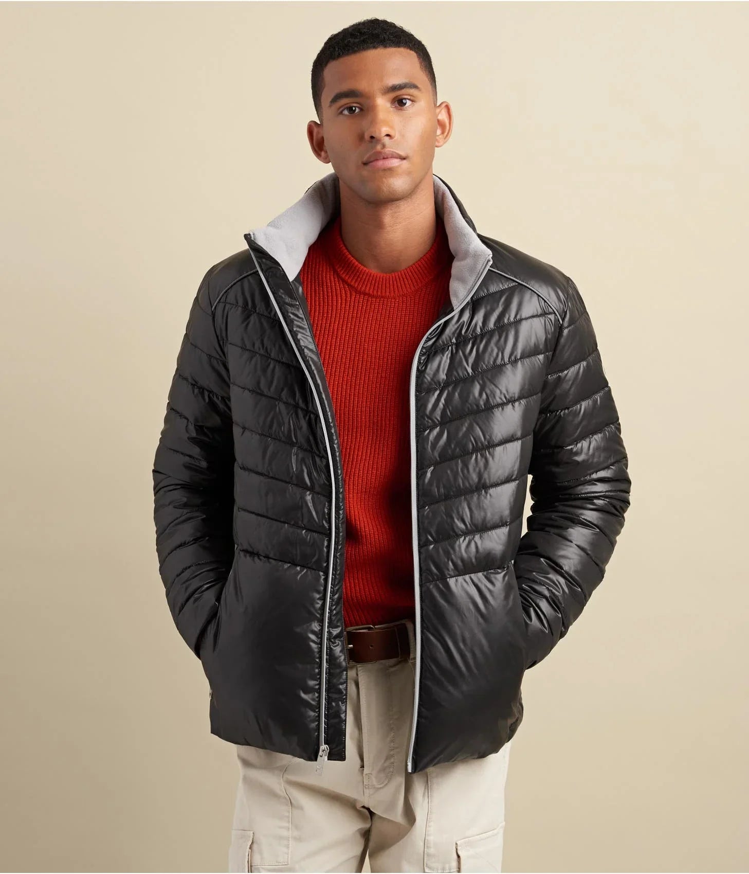 Men’s Classic Black Puffer Jacket with Removable Hood – Lightweight Winter Jacket
