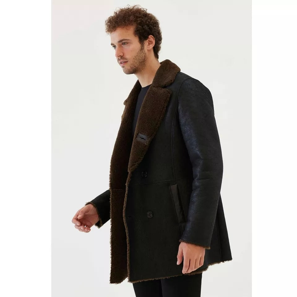 Men’s Black & Dark Brown Shearling Leather Coat – Luxurious Winter Wear