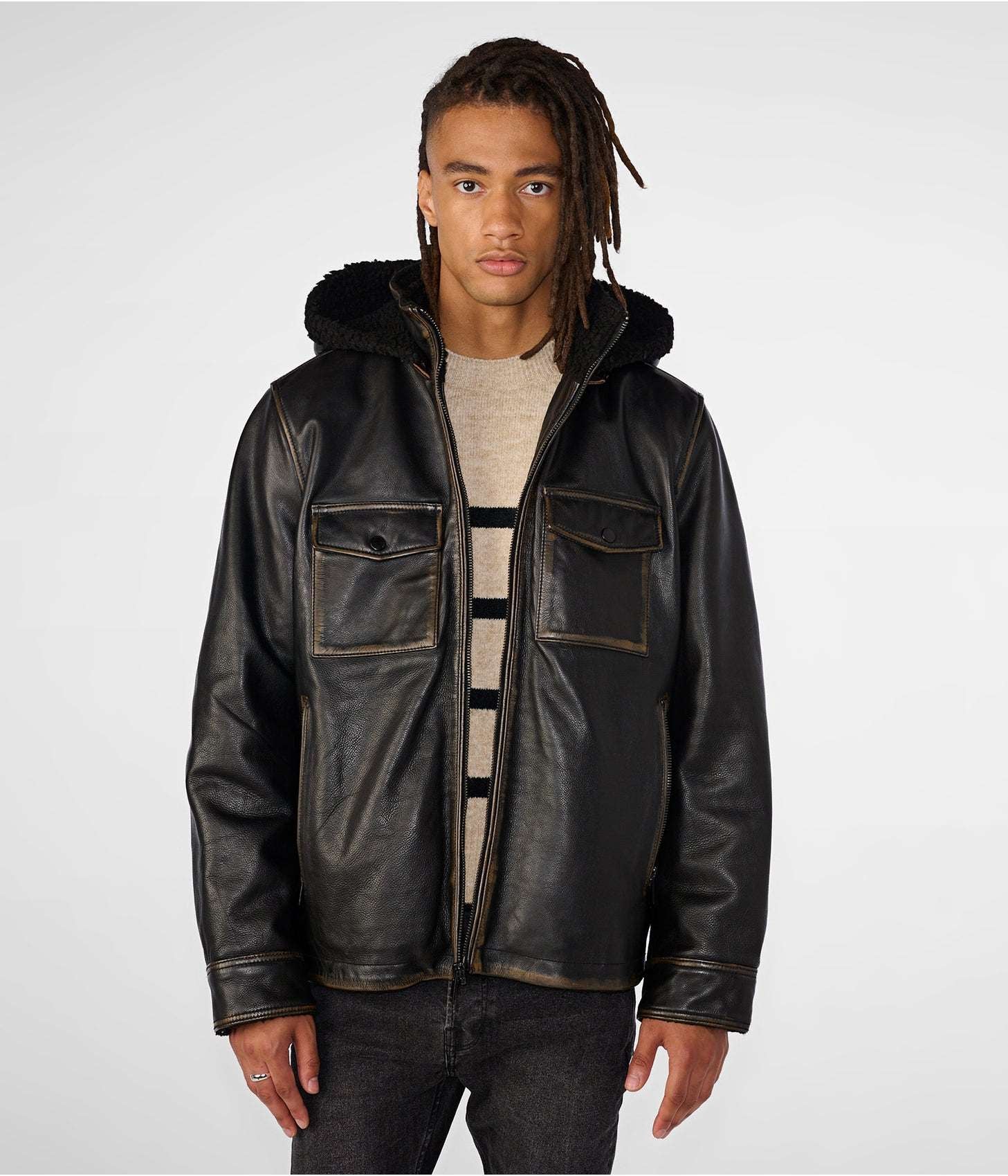 Men’s Black Distressed Leather Harrington Shearling Jacket