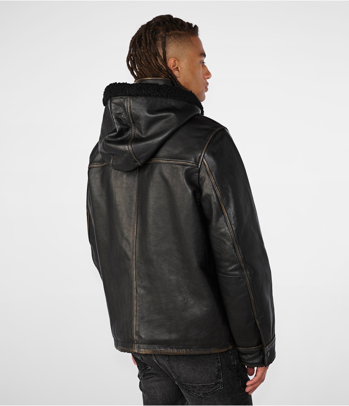 Men’s Black Distressed Leather Harrington Shearling Jacket