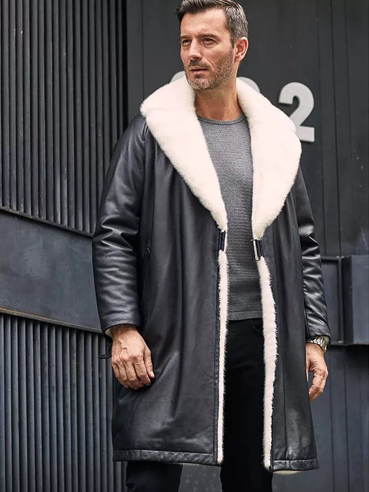 Men’s Matte Black Double-Sided Shearling Leather Coat – Reversible & Stylish