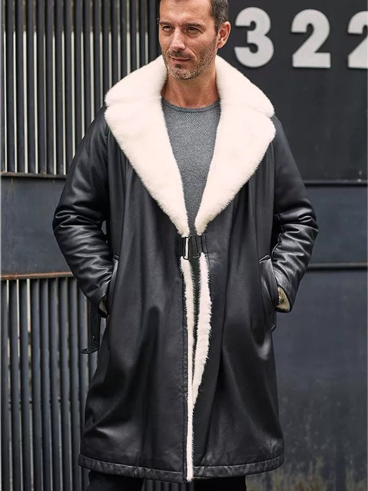 Men’s Matte Black Double-Sided Shearling Leather Coat – Reversible & Stylish