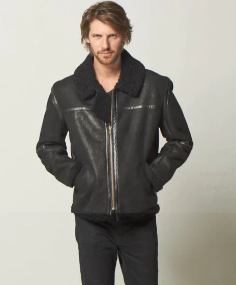 Men’s Fur Aviator Sheepskin Leather Jacket in Black