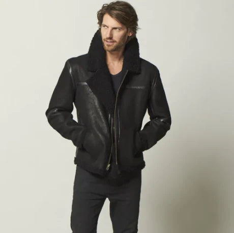 Men’s Fur Aviator Sheepskin Leather Jacket in Black