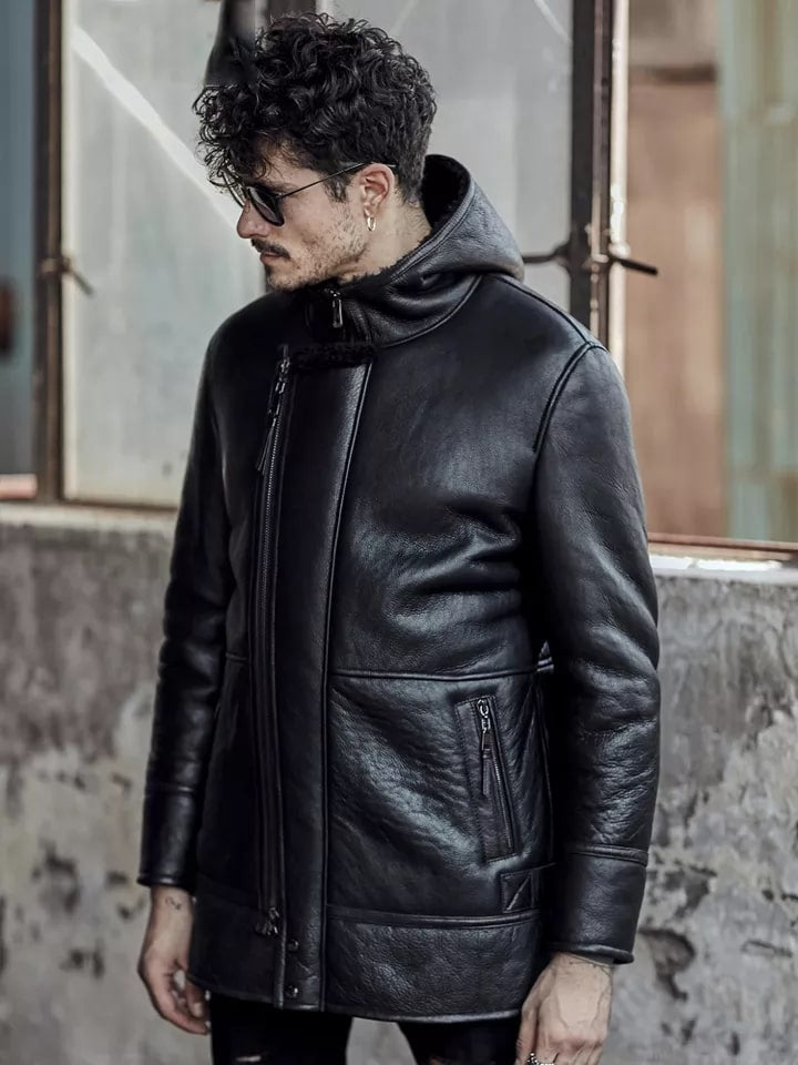 Men’s Black Shearling Leather Coat with Hood – Stylish & Warm