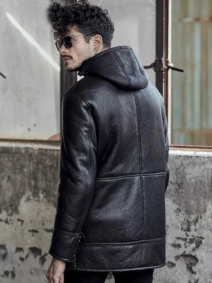 Men’s Black Shearling Leather Coat with Hood – Stylish & Warm