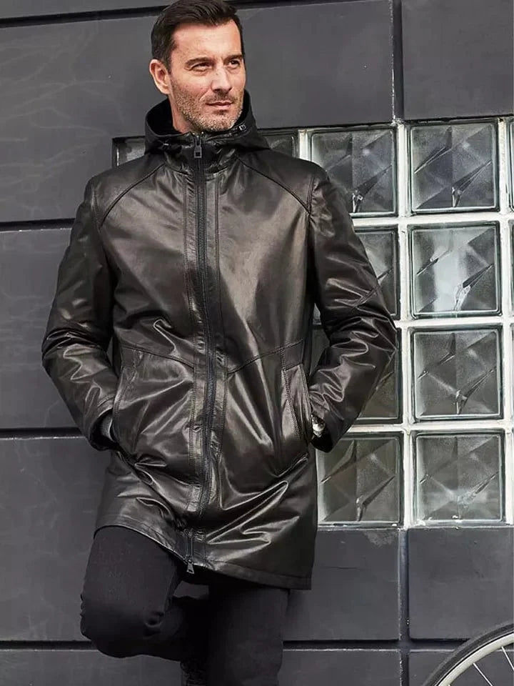 Men's Fur Sheepskin Leather Coat in Black with Hood