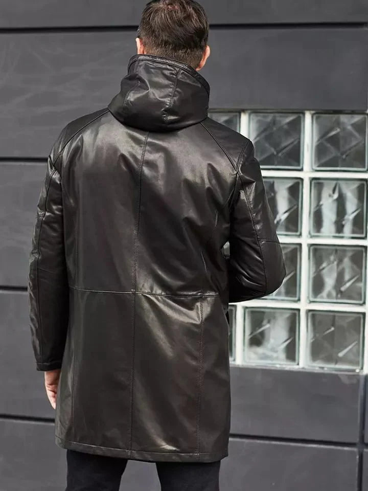 Men's Fur Sheepskin Leather Coat in Black with Hood