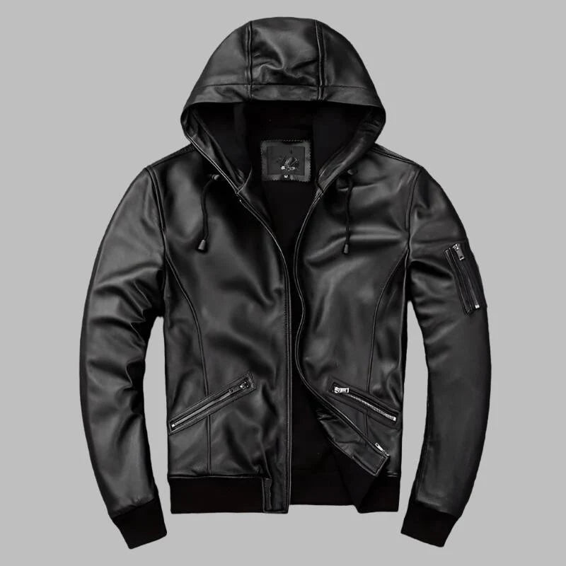 Urban Rider Black Hooded Leather Motorcycle Bomber Jacket – Genuine Leather Biker Jacket for Men