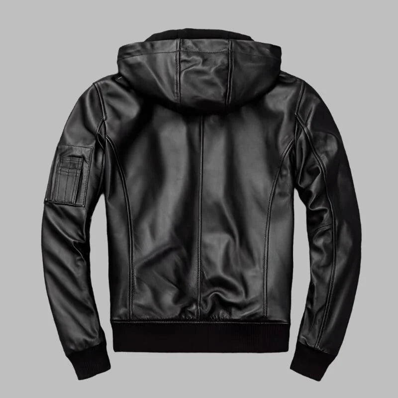 Urban Rider Black Hooded Leather Motorcycle Bomber Jacket – Genuine Leather Biker Jacket for Men