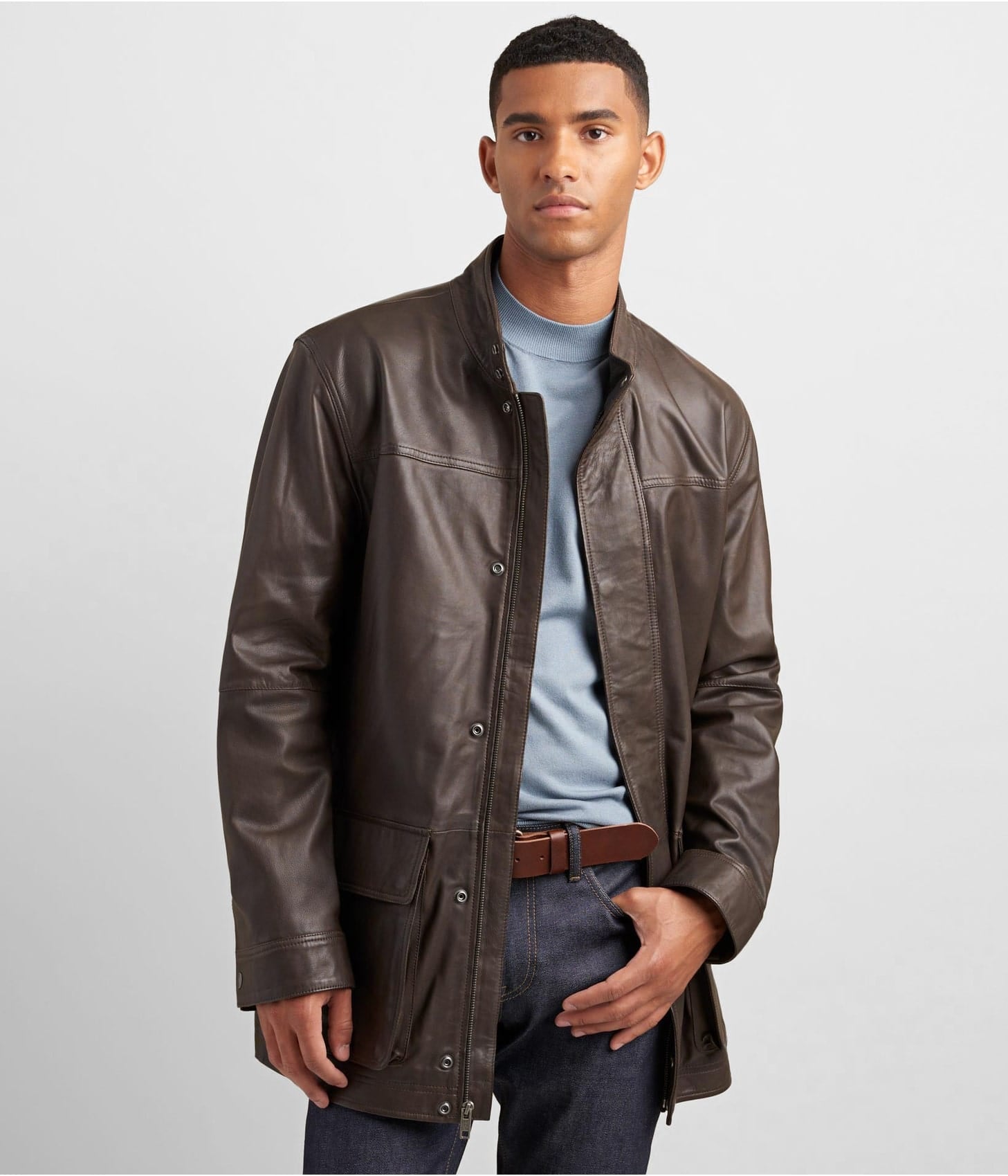 Men’s Dark Brown Leather Coat with Patch Pockets