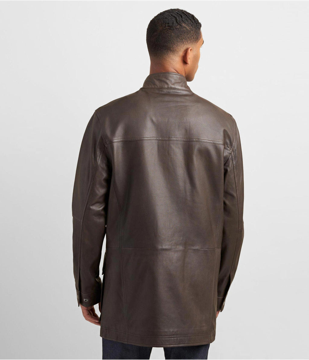 Men’s Dark Brown Leather Coat with Patch Pockets
