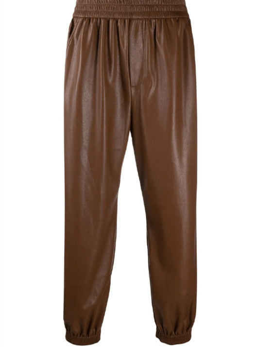 Dark Brown Leather Pants with Rib Knit Ankles