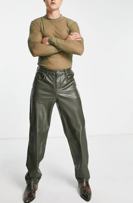 Men's Khaki Leather Pants – Classic Fit