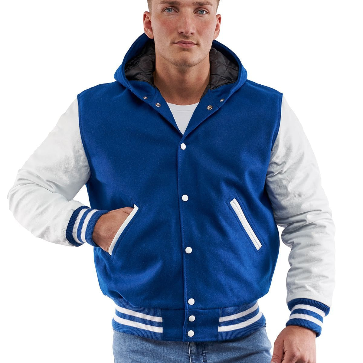 Men’s Blue Varsity Leather Letterman Jacket with Hood – Classic Streetwear Style