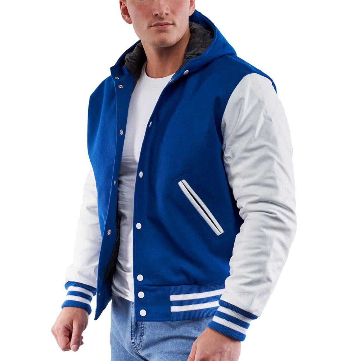 Men’s Blue Varsity Leather Letterman Jacket with Hood – Classic Streetwear Style