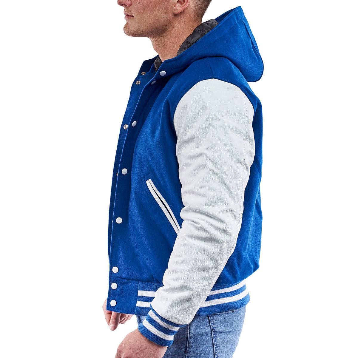 Men’s Blue Varsity Leather Letterman Jacket with Hood – Classic Streetwear Style