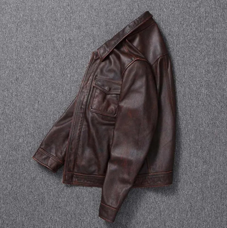 Men’s Vintage Brown Distressed Leather Cafe Racer Jacket