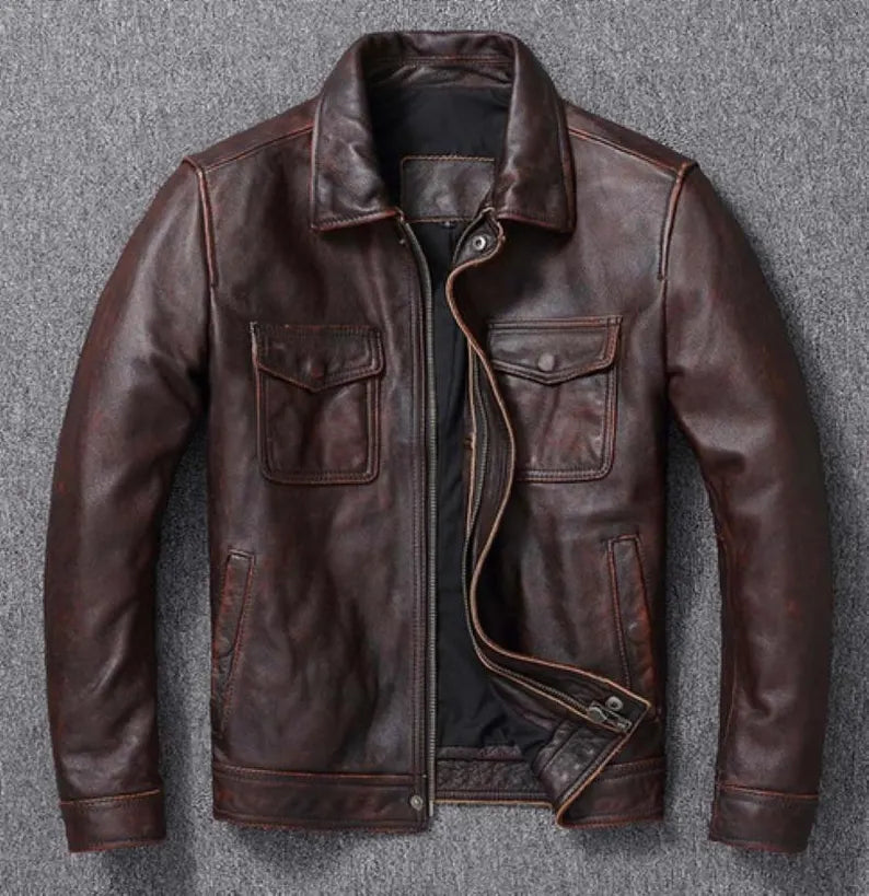 Men’s Vintage Brown Distressed Leather Cafe Racer Jacket