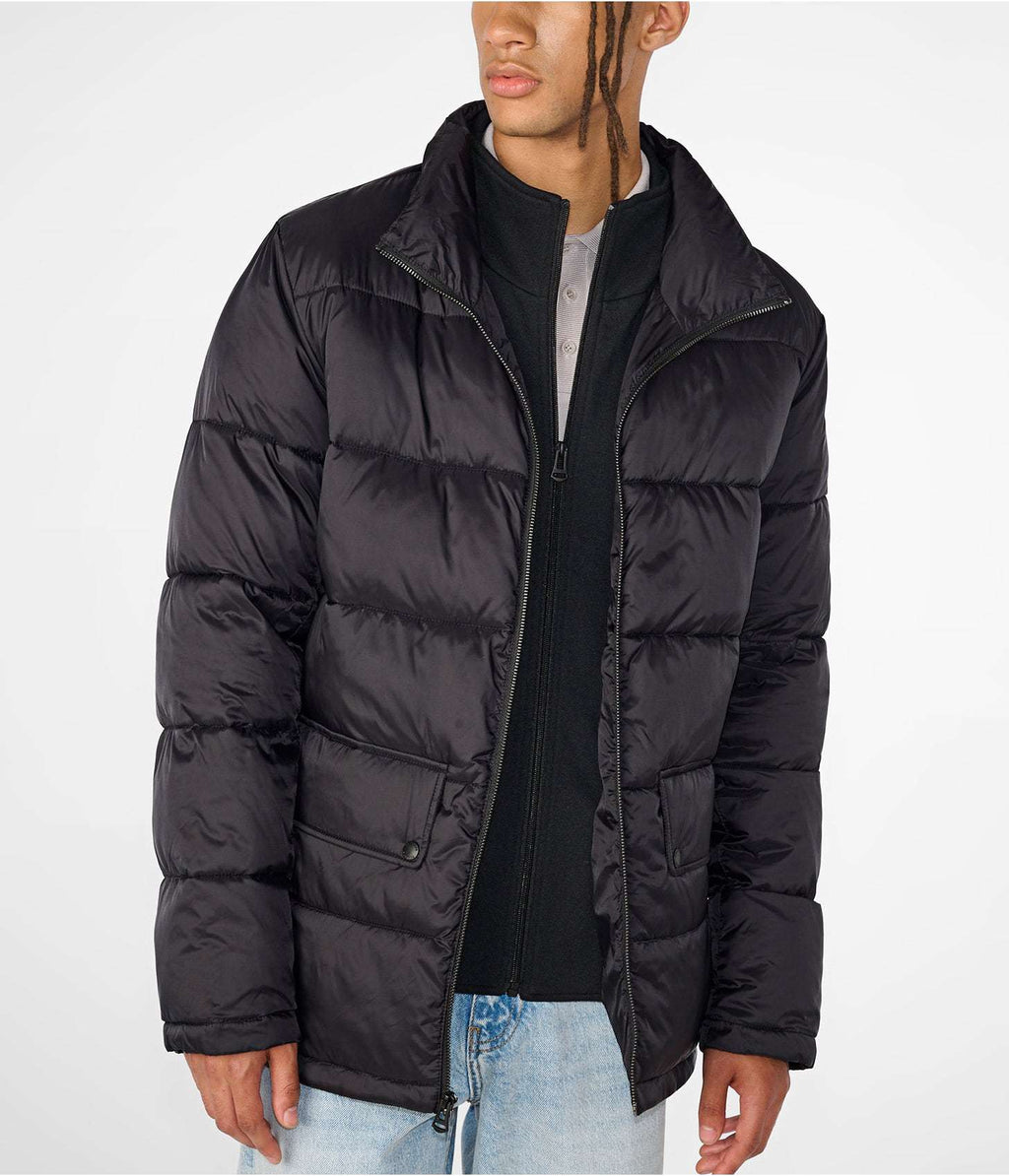 Men’s Black Puffer Jacket with Band Collar – Lightweight Winter Outerwear