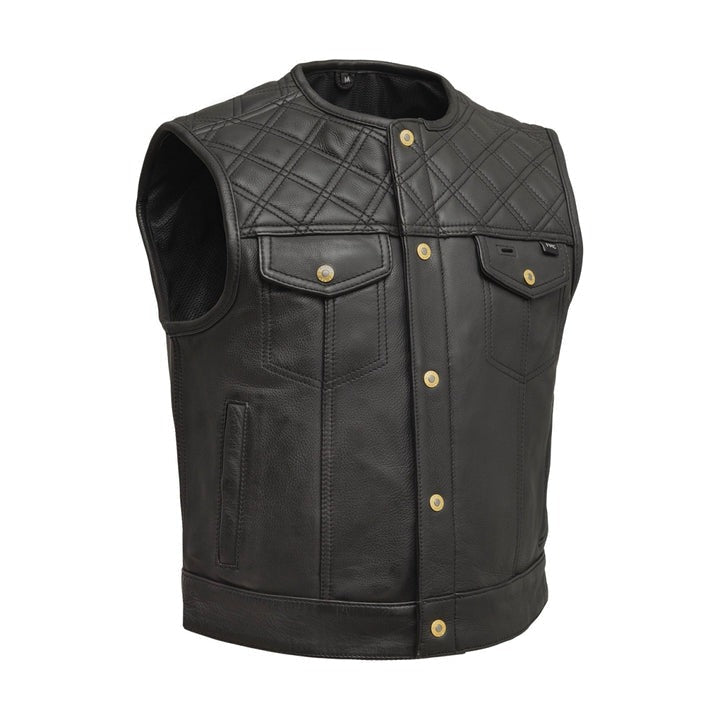 Men’s Black Quilted Biker Leather Vest – Classic Button-Up Motorcycle Vest