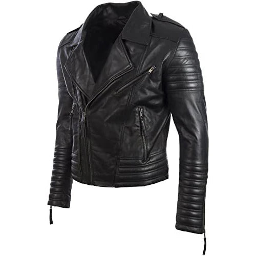 Men’s Real Leather Asymmetric Zip Fashion Biker Jacket – Classic Black Moto Style