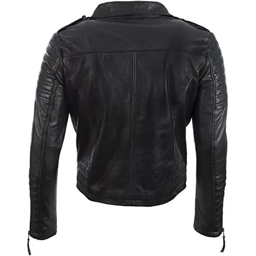 Men’s Real Leather Asymmetric Zip Fashion Biker Jacket – Classic Black Moto Style