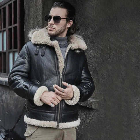 Men’s Shearling Aviator Parka Leather Jackets in Black