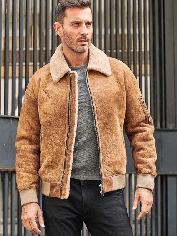 Men's Shearling B3 Aviator Leather Jacket in Tan Brown