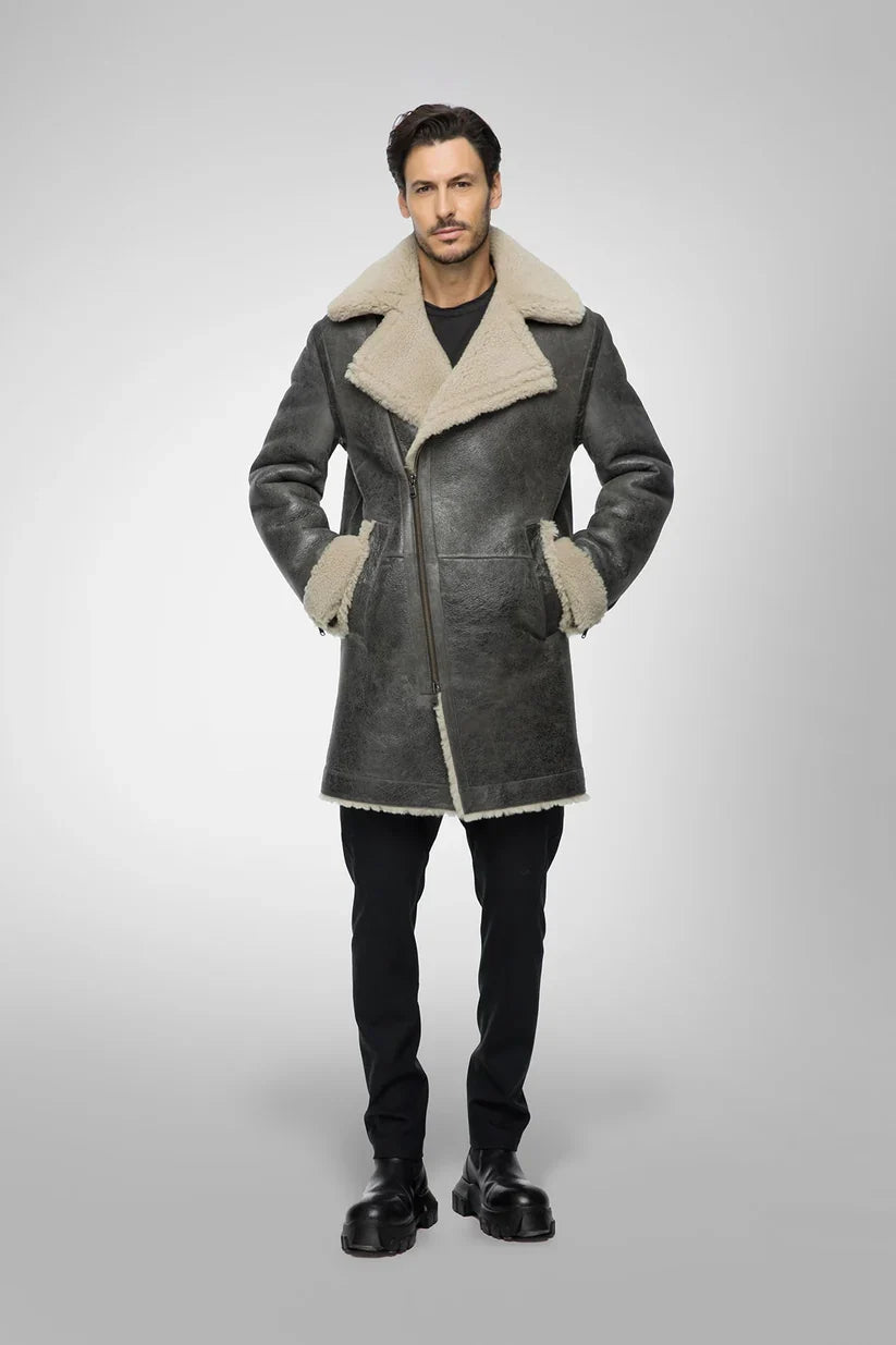 Men’s Shearling Leather Coat in Gray